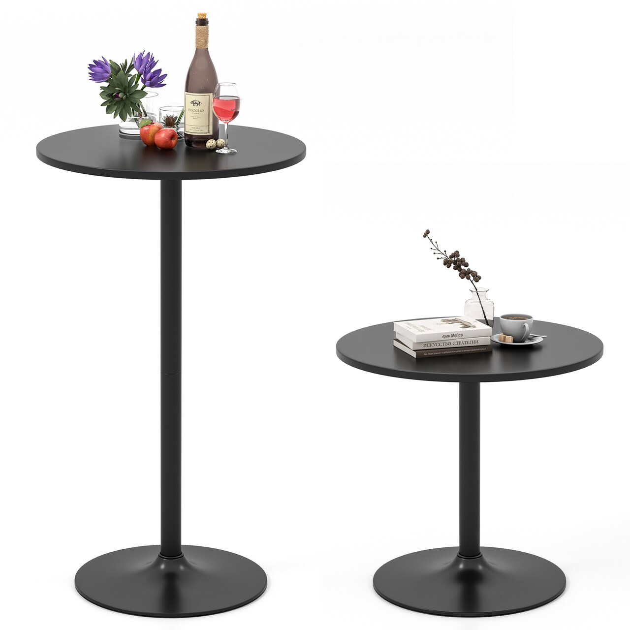 Set of 2 Black Round Bar Table Fixed Desktop Sturdy Iron Base Pub Table for Home and Kitchen